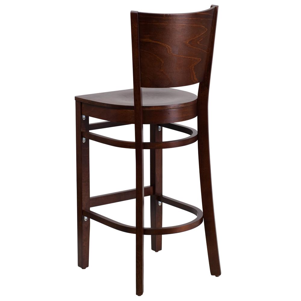 Lacey Series Solid Back Walnut Wood Restaurant Barstool. Picture 3
