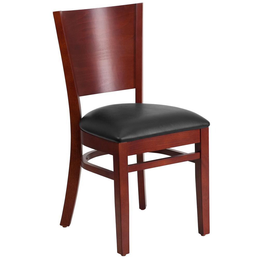 Solid Back Mahogany Wood Restaurant Chair - Black Vinyl Seat. The main picture.