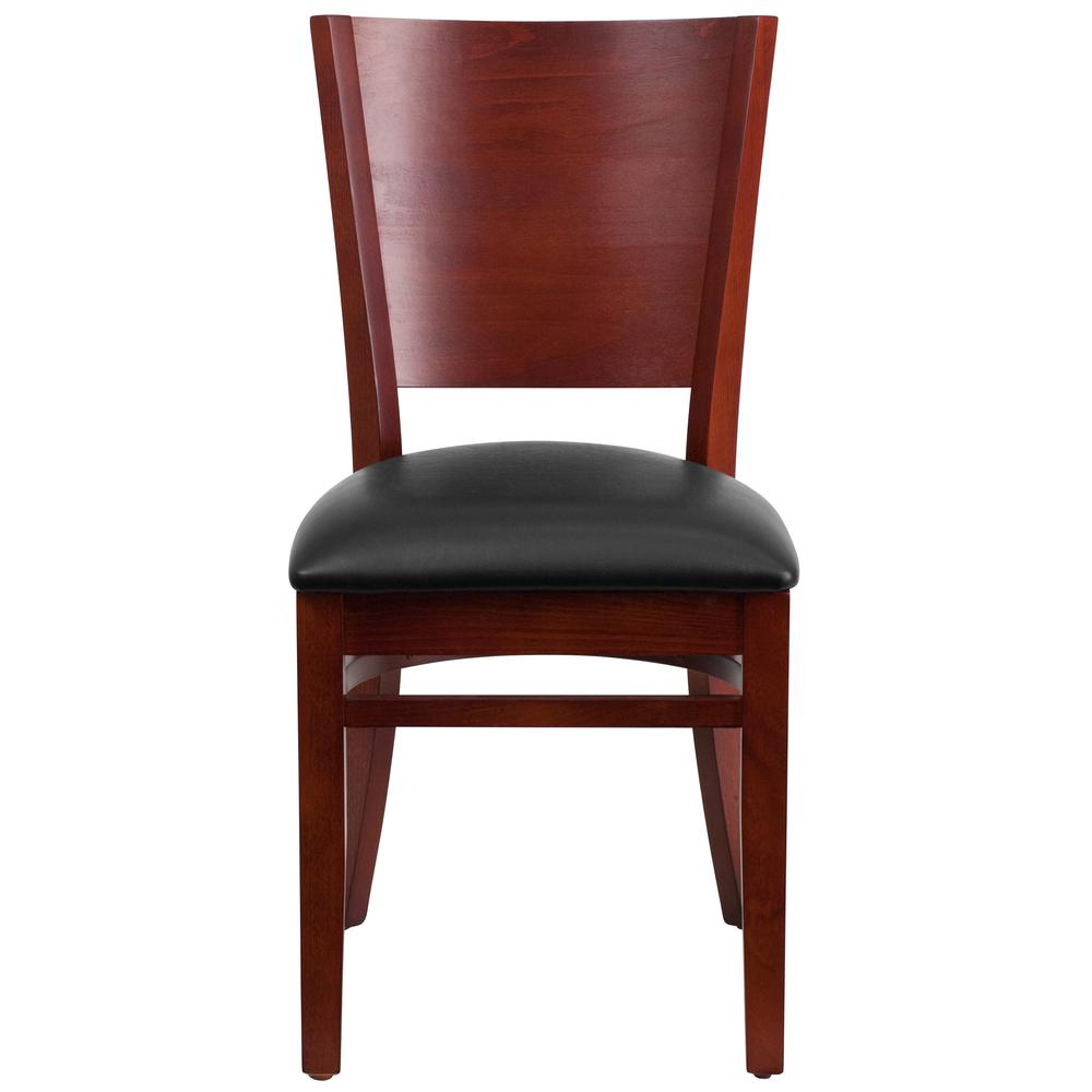 Solid Back Mahogany Wood Restaurant Chair - Black Vinyl Seat. Picture 4