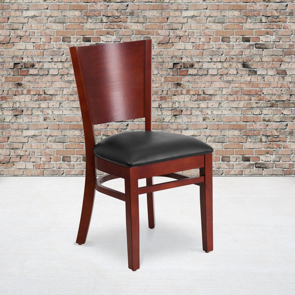 Solid Back Mahogany Wood Restaurant Chair - Black Vinyl Seat. Picture 5