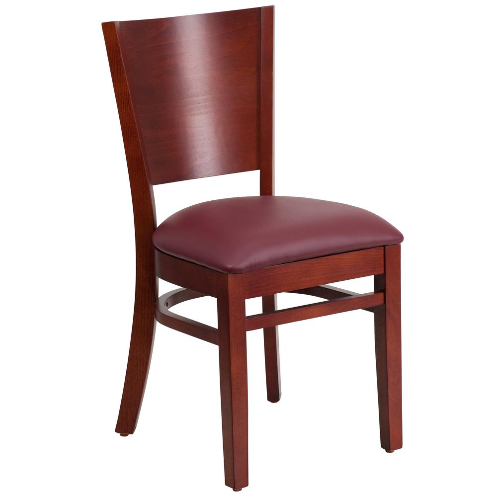 Solid Back Mahogany Wood Restaurant Chair - Burgundy Vinyl Seat. Picture 1
