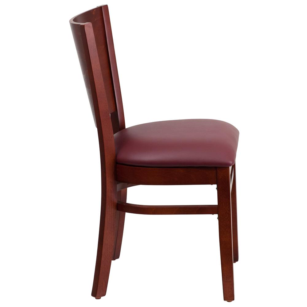 Solid Back Mahogany Wood Restaurant Chair - Burgundy Vinyl Seat. Picture 2