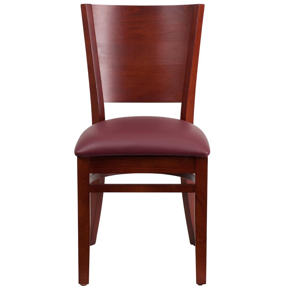Solid Back Mahogany Wood Restaurant Chair - Burgundy Vinyl Seat. Picture 4