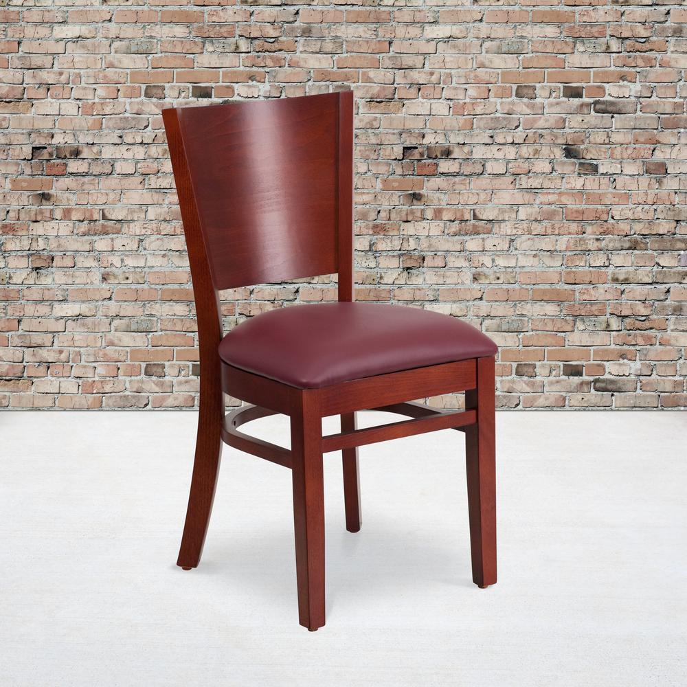 Solid Back Mahogany Wood Restaurant Chair - Burgundy Vinyl Seat. Picture 5