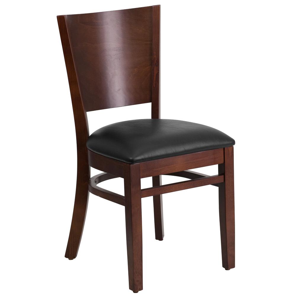 Lacey Series Solid Back Walnut Wood Restaurant Chair - Black Vinyl Seat. Picture 1