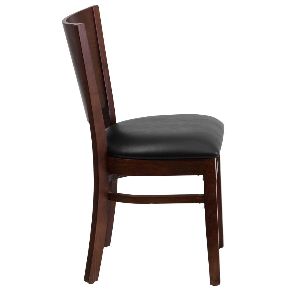 Solid Back Walnut Wood Restaurant Chair - Black Vinyl Seat. Picture 2