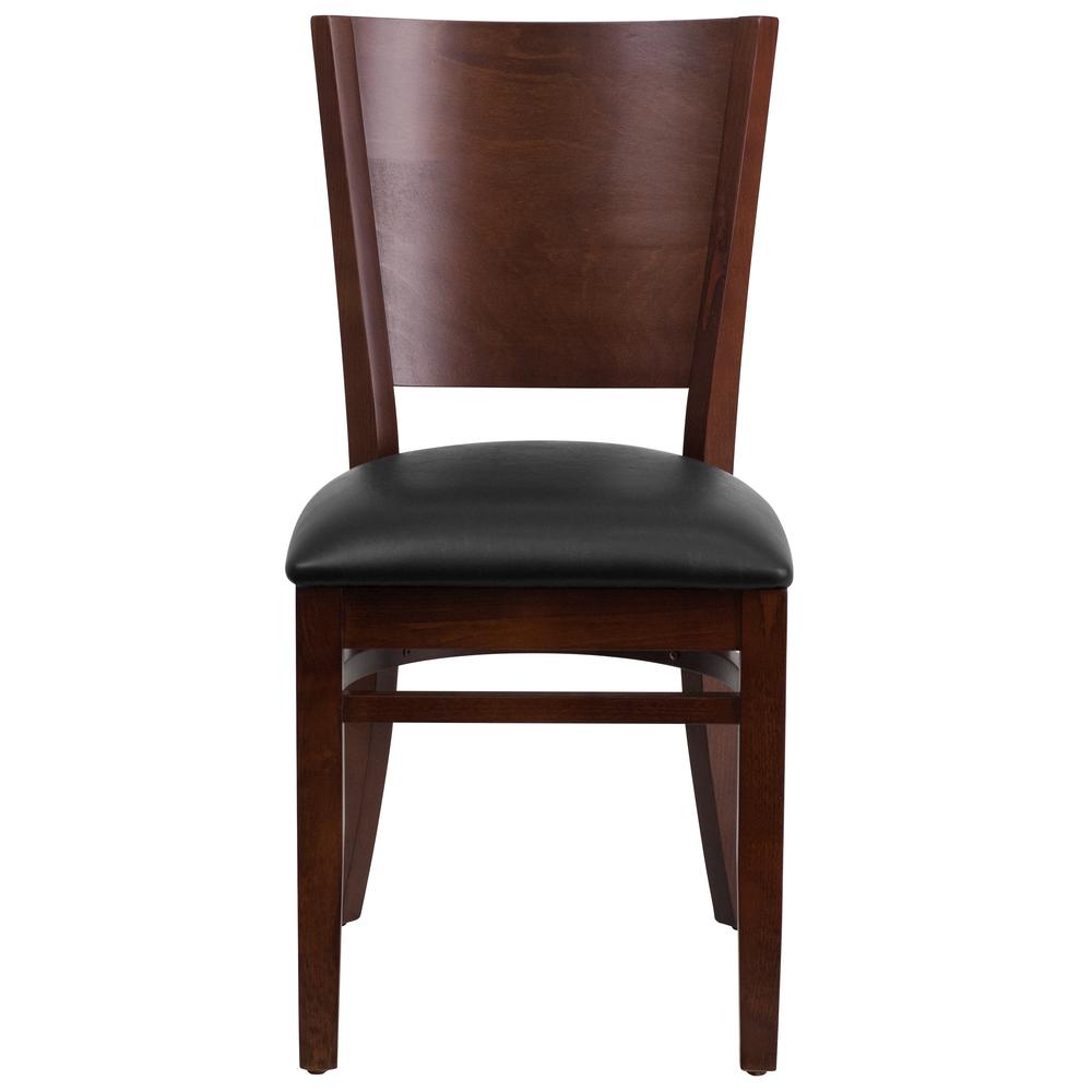 Lacey Series Solid Back Walnut Wood Restaurant Chair - Black Vinyl Seat. Picture 4