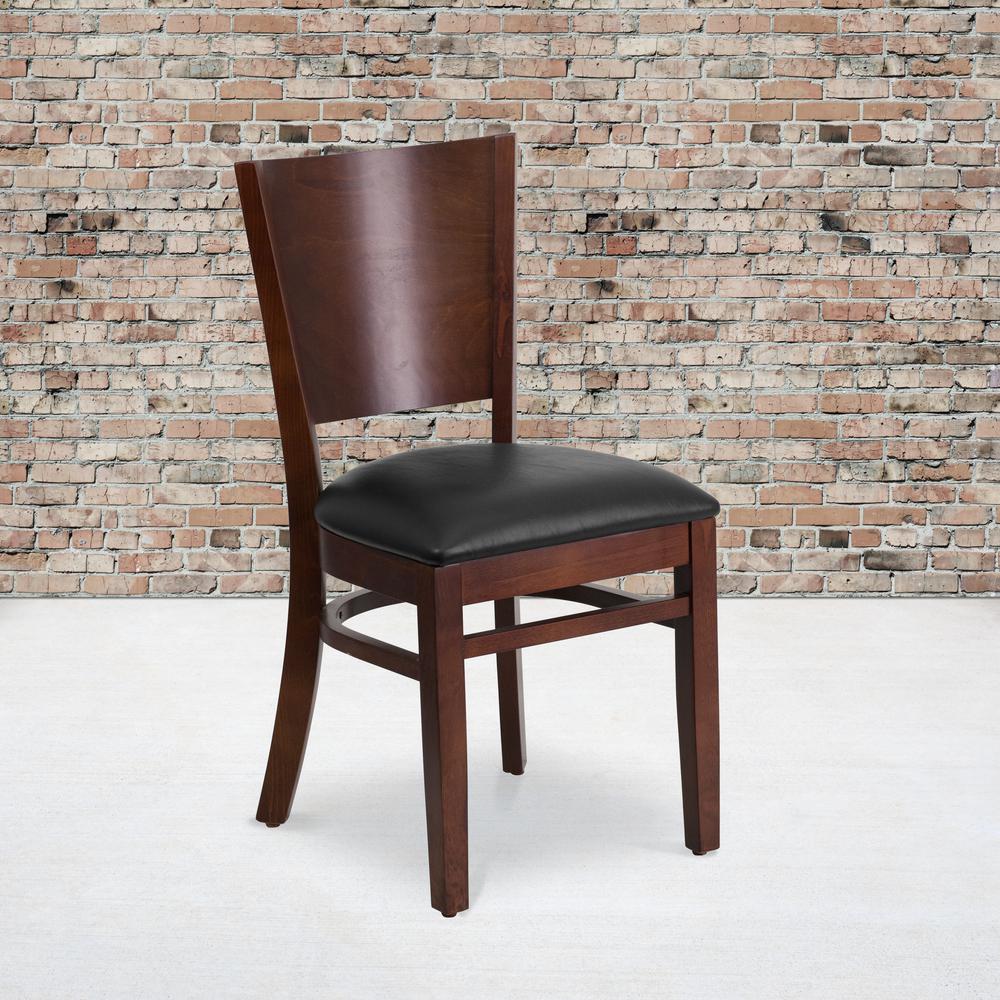 Solid Back Walnut Wood Restaurant Chair - Black Vinyl Seat. Picture 5