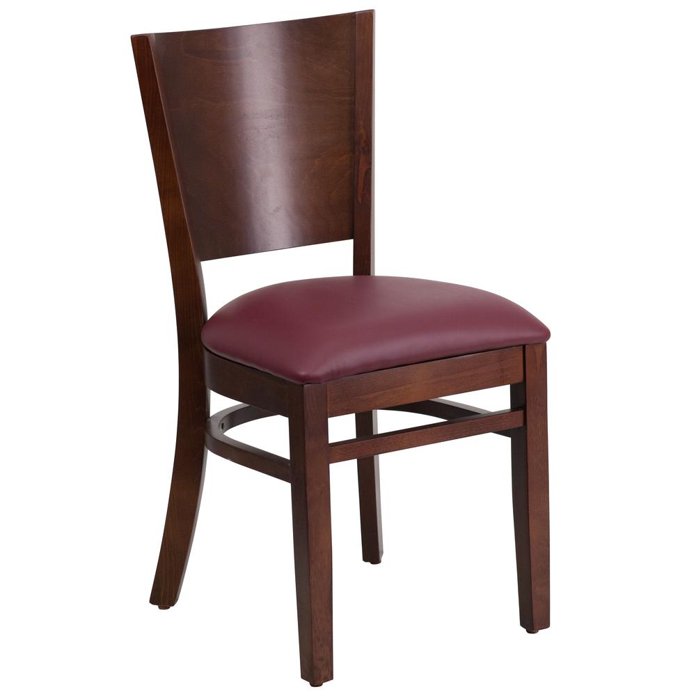 Lacey Series Solid Back Walnut Wood Restaurant Chair - Burgundy Vinyl Seat. The main picture.