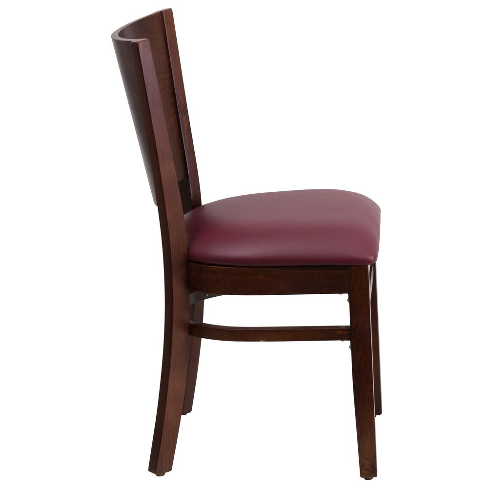 Lacey Series Solid Back Walnut Wood Restaurant Chair - Burgundy Vinyl Seat. Picture 2