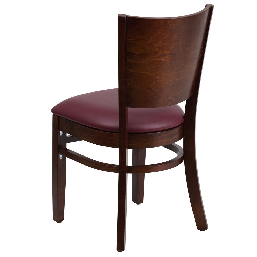 Lacey Series Solid Back Walnut Wood Restaurant Chair - Burgundy Vinyl Seat. Picture 3