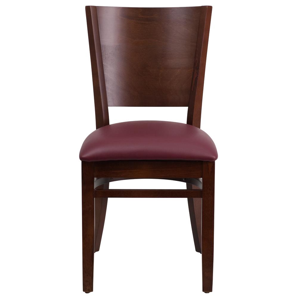 Lacey Series Solid Back Walnut Wood Restaurant Chair - Burgundy Vinyl Seat. Picture 4
