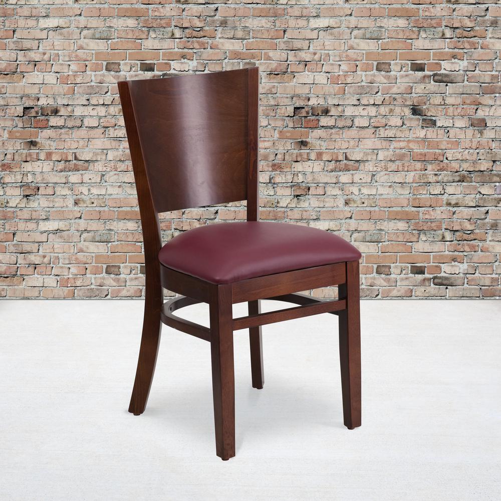 Solid Back Walnut Wood Restaurant Chair - Burgundy Vinyl Seat. Picture 5