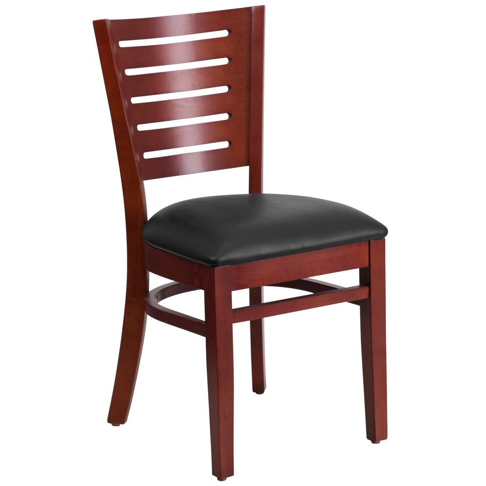 Slat Back Mahogany Wood Restaurant Chair - Black Vinyl Seat. Picture 1