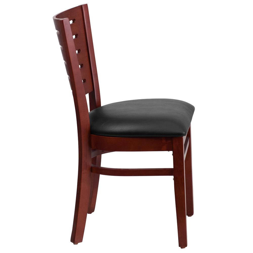 Slat Back Mahogany Wood Restaurant Chair - Black Vinyl Seat. Picture 2