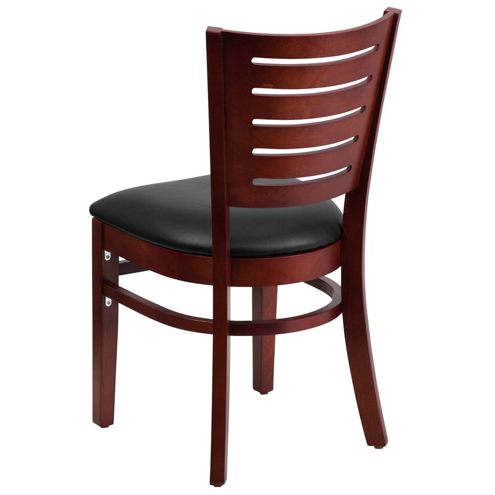 Slat Back Mahogany Wood Restaurant Chair - Black Vinyl Seat. Picture 3