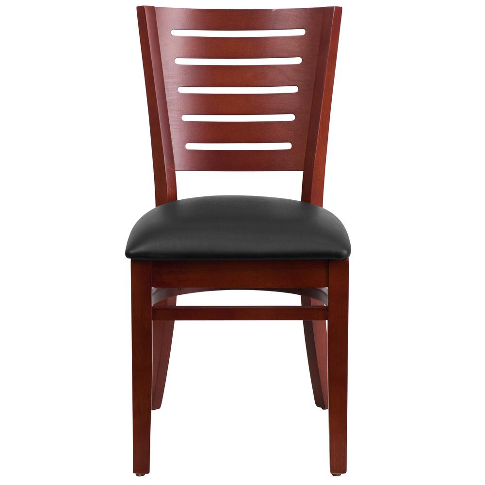 Slat Back Mahogany Wood Restaurant Chair - Black Vinyl Seat. Picture 4