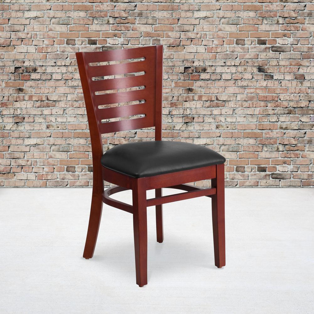 Slat Back Mahogany Wood Restaurant Chair - Black Vinyl Seat. Picture 5