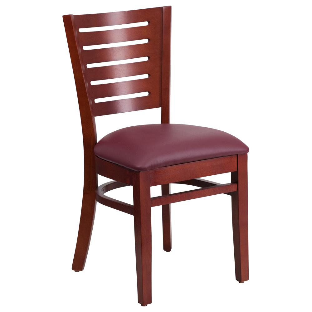 Slat Back Mahogany Wood Restaurant Chair - Burgundy Vinyl Seat. Picture 1