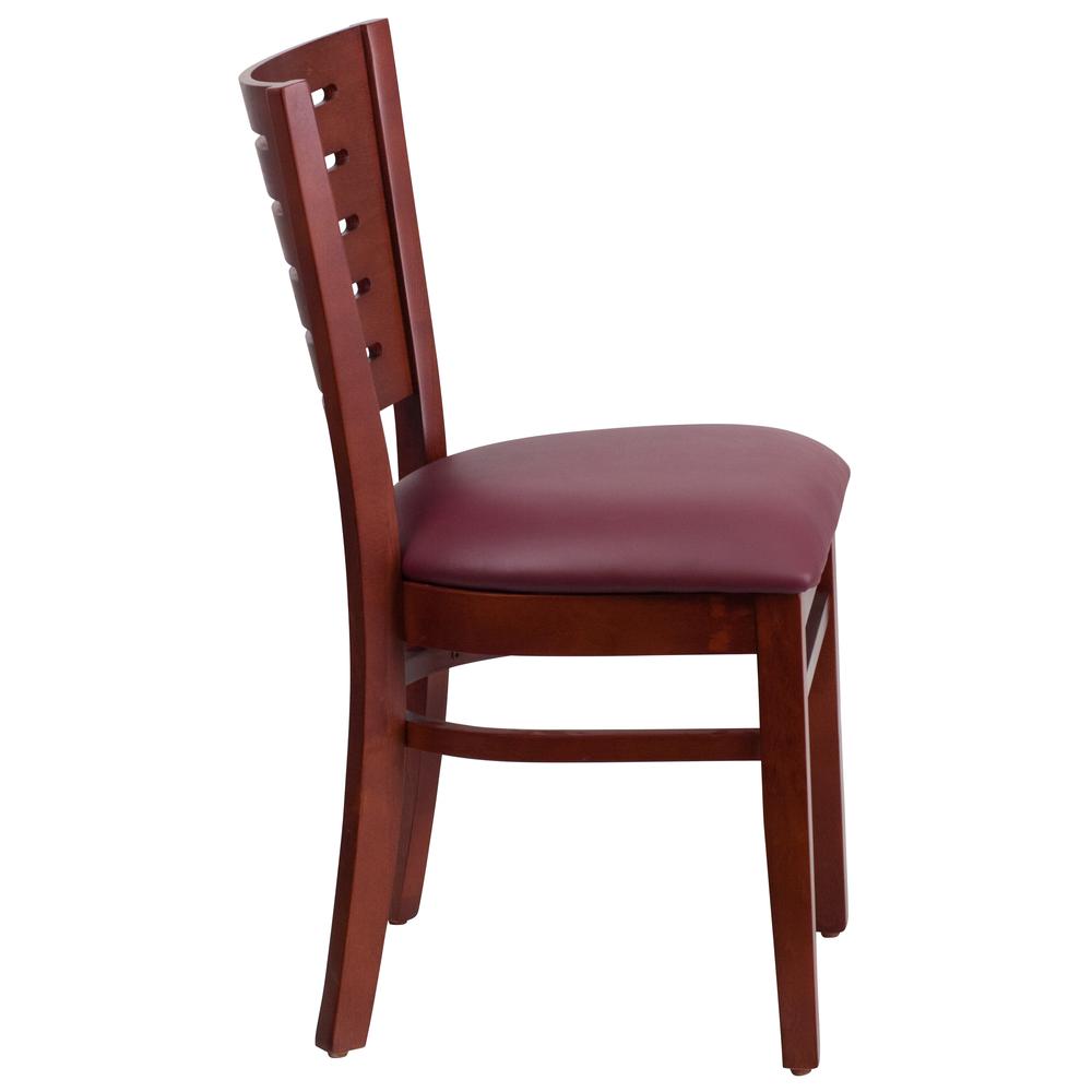 Slat Back Mahogany Wood Restaurant Chair - Burgundy Vinyl Seat. Picture 2