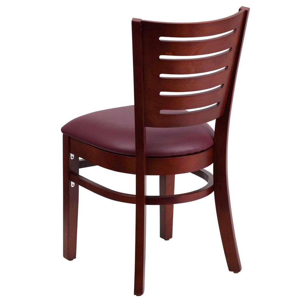 Slat Back Mahogany Wood Restaurant Chair - Burgundy Vinyl Seat. Picture 3