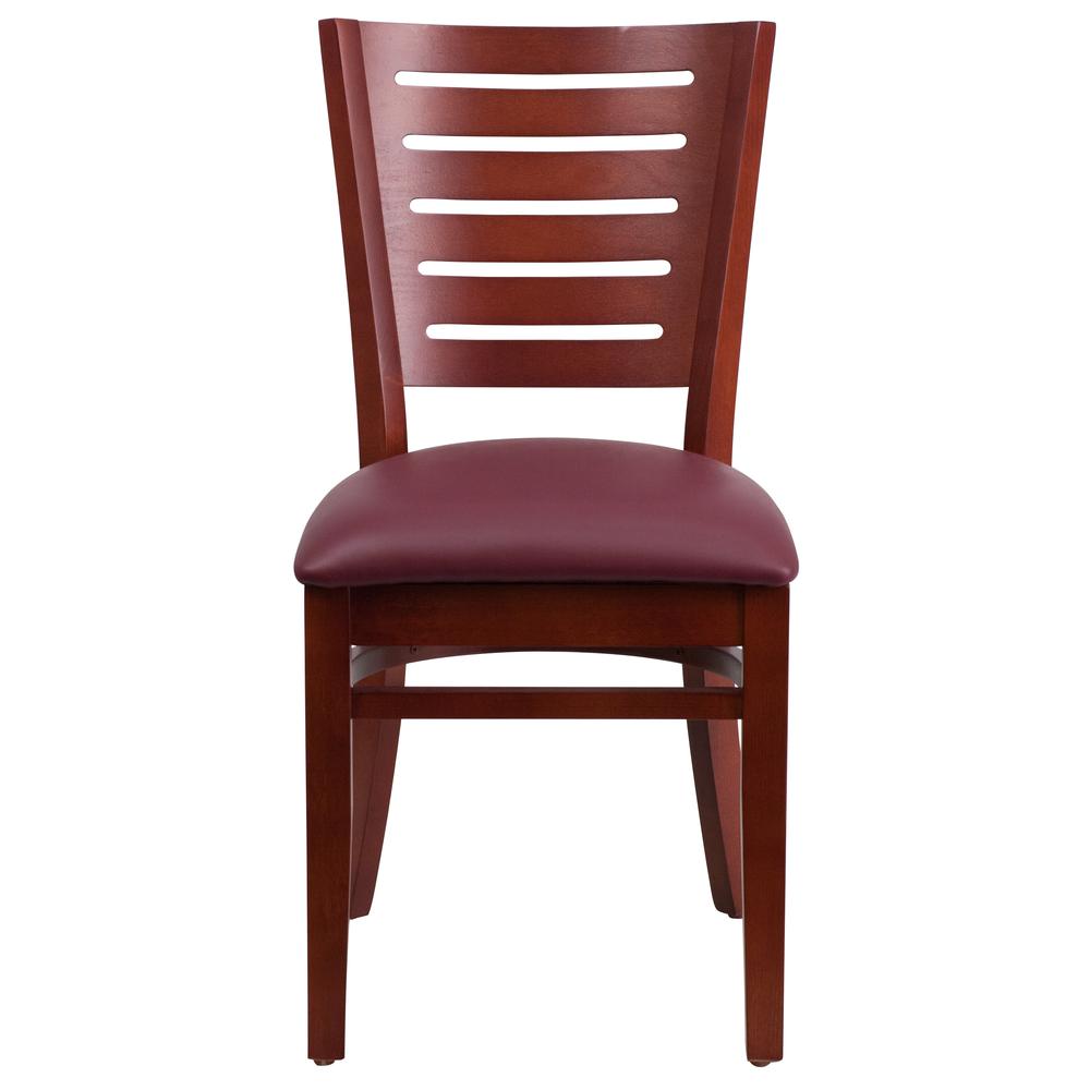 Slat Back Mahogany Wood Restaurant Chair - Burgundy Vinyl Seat. Picture 4