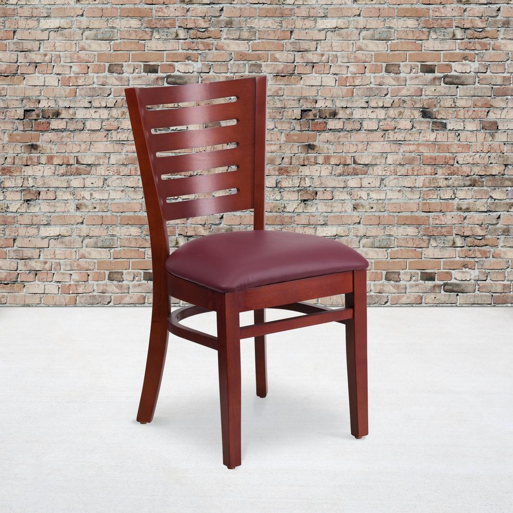 Slat Back Mahogany Wood Restaurant Chair - Burgundy Vinyl Seat. Picture 5