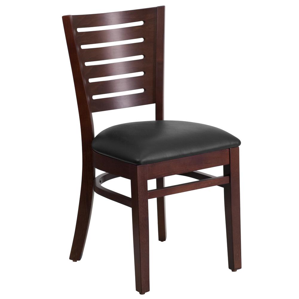 Darby Series Slat Back Walnut Wood Restaurant Chair - Black Vinyl Seat. Picture 1