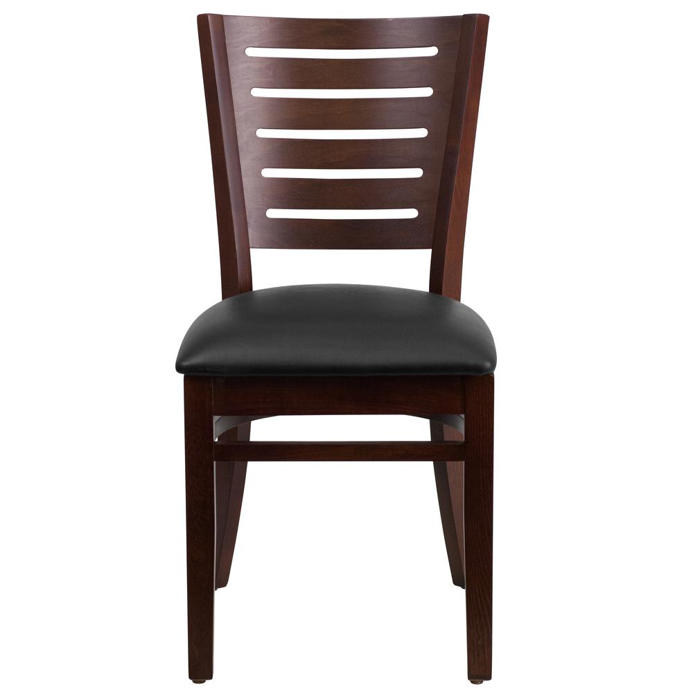 Darby Series Slat Back Walnut Wood Restaurant Chair - Black Vinyl Seat. Picture 4