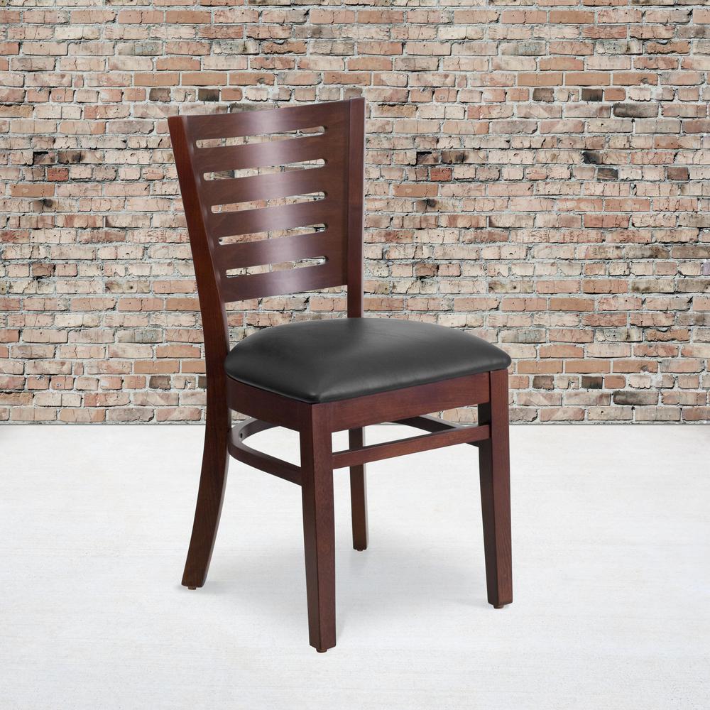 Slat Back Walnut Wood Restaurant Chair - Black Vinyl Seat. Picture 5