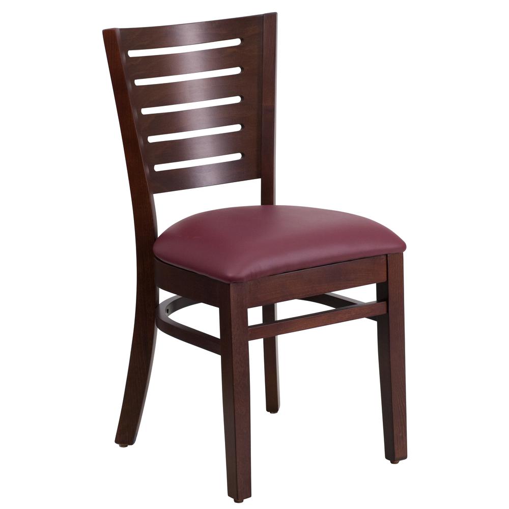 Darby Series Slat Back Walnut Wood Restaurant Chair - Burgundy Vinyl Seat. Picture 1