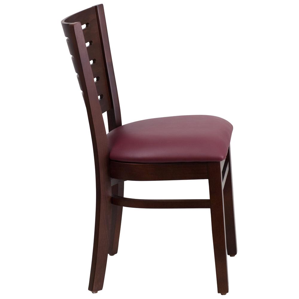 Darby Series Slat Back Walnut Wood Restaurant Chair - Burgundy Vinyl Seat. Picture 2