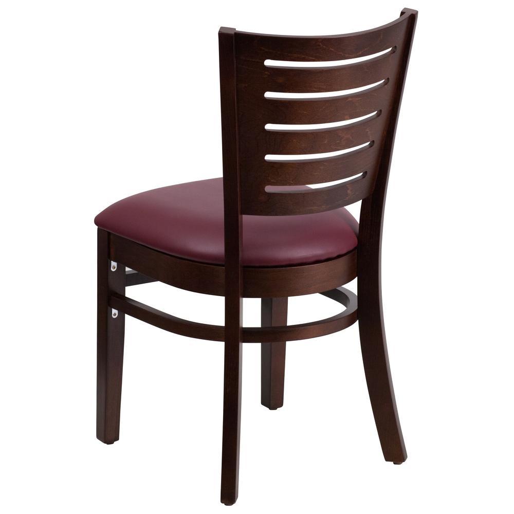 Darby Series Slat Back Walnut Wood Restaurant Chair - Burgundy Vinyl Seat. Picture 3