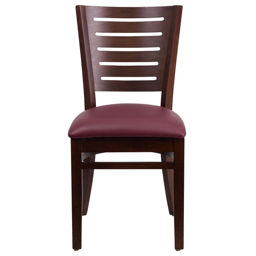 Darby Series Slat Back Walnut Wood Restaurant Chair - Burgundy Vinyl Seat. Picture 4