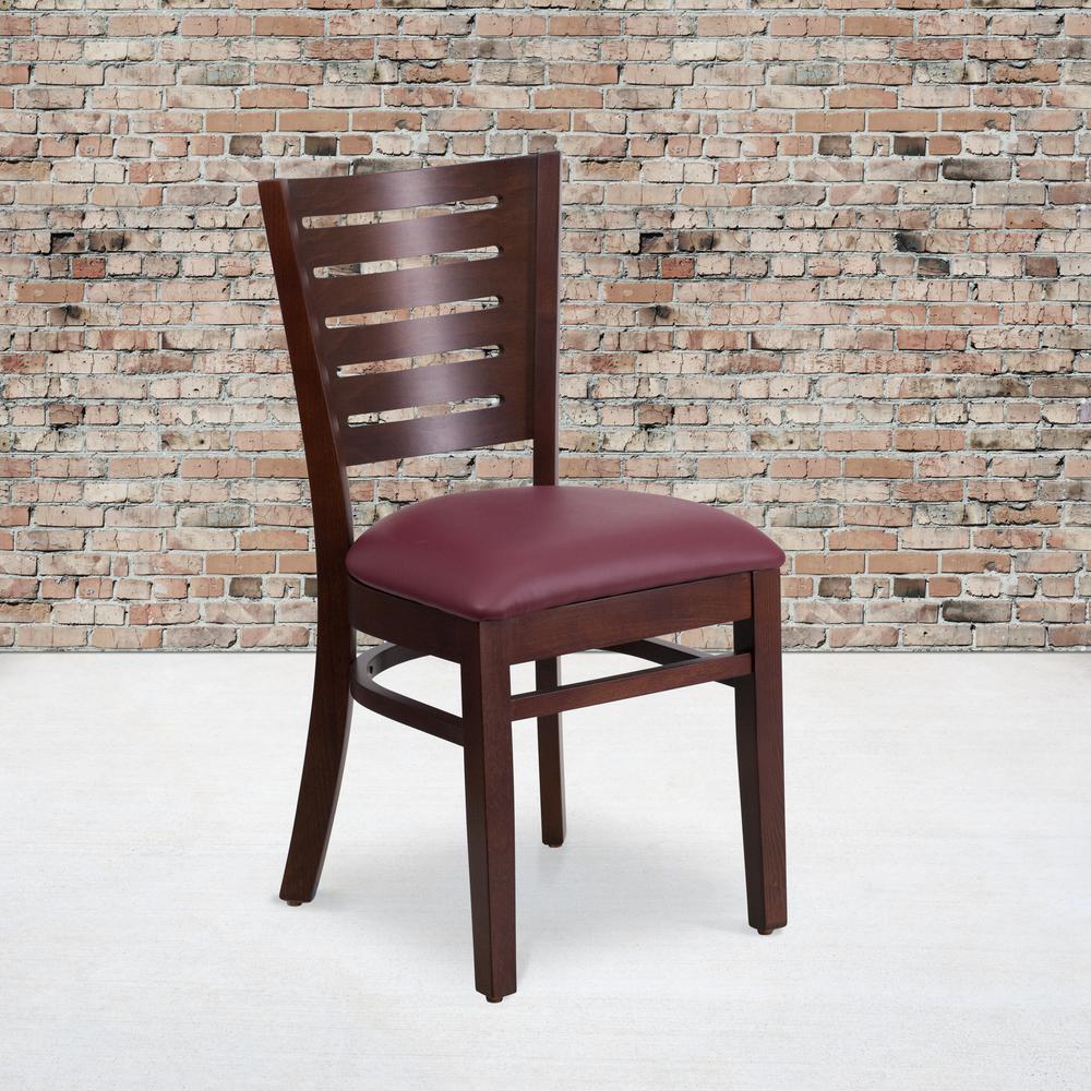 Slat Back Walnut Wood Restaurant Chair - Burgundy Vinyl Seat. Picture 5