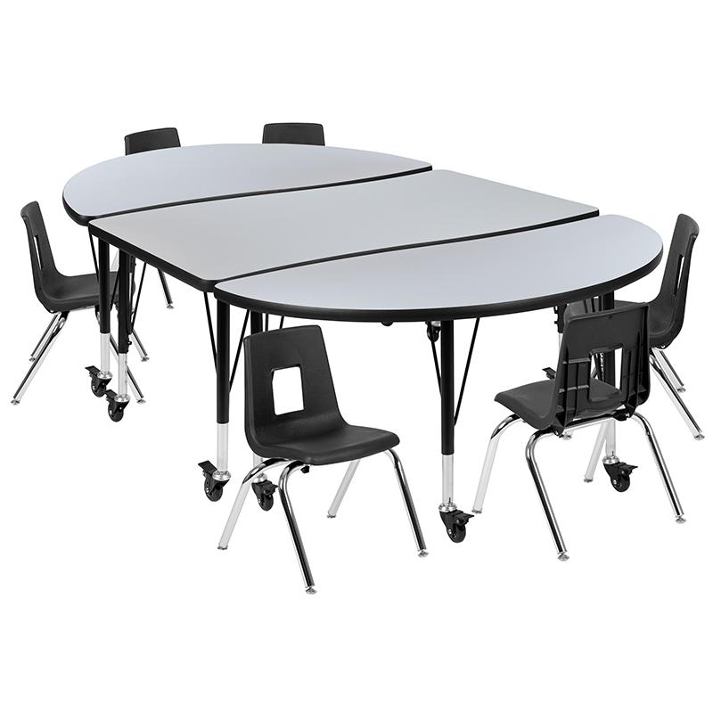 Mobile 76" Wave Activity Table Set with 12" Student Stack Chairs, Grey/Black. Picture 2