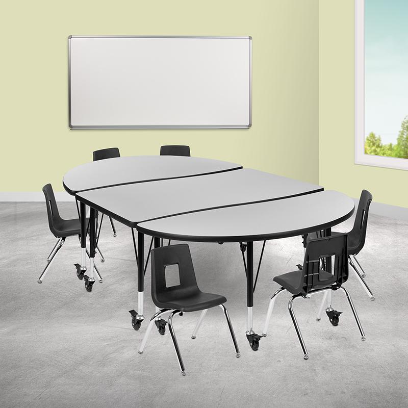 Mobile 76" Wave Activity Table Set with 12" Student Stack Chairs, Grey/Black. Picture 1