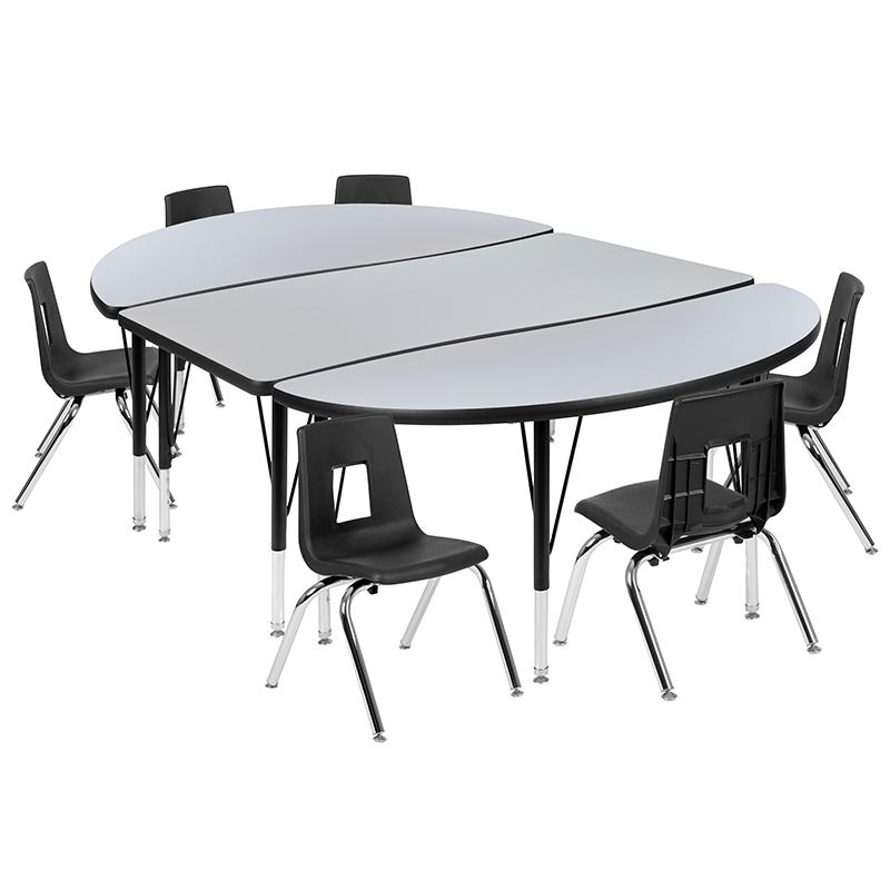 76" Oval Wave Activity Table Set with 12" Student Stack Chairs, Grey/Black. Picture 2
