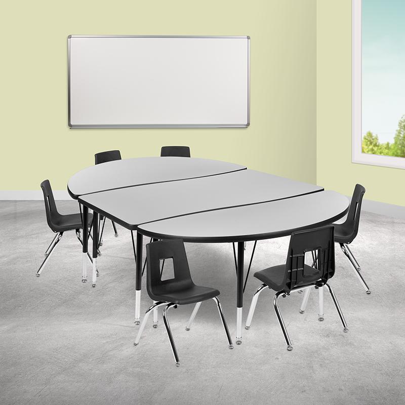76" Oval Wave Activity Table Set with 12" Student Stack Chairs, Grey/Black. Picture 1
