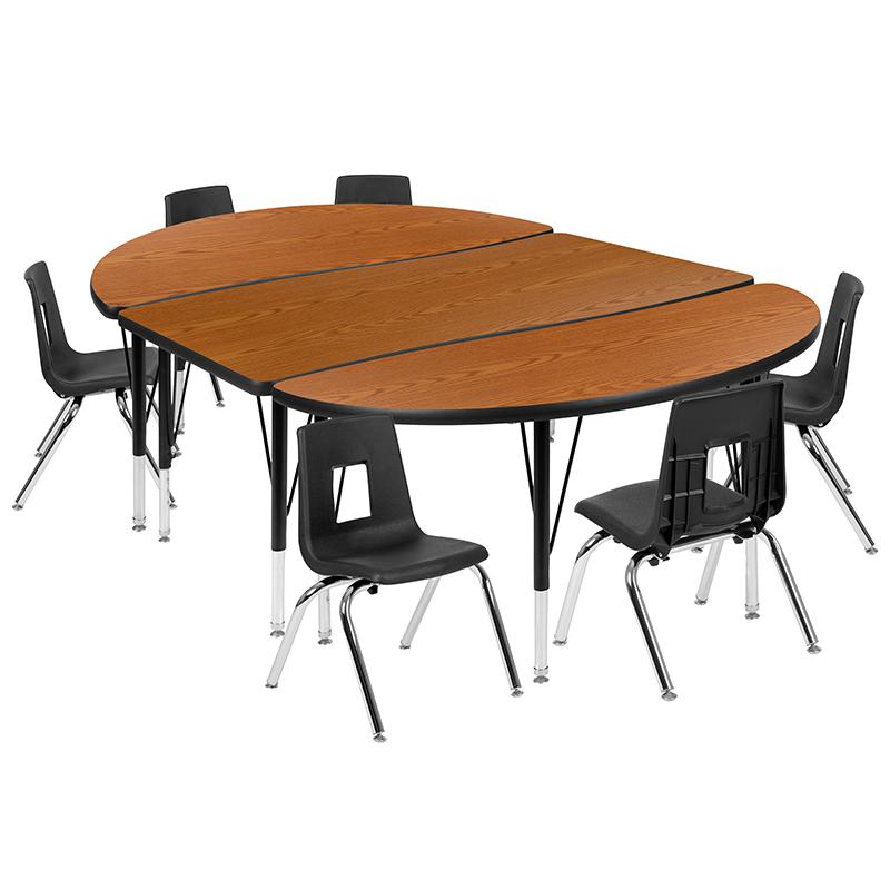 76" Oval Wave Activity Table Set with 12" Student Stack Chairs, Oak/Black. Picture 2