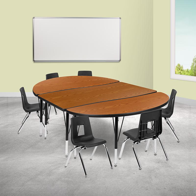 76" Oval Wave Activity Table Set with 12" Student Stack Chairs, Oak/Black. Picture 1