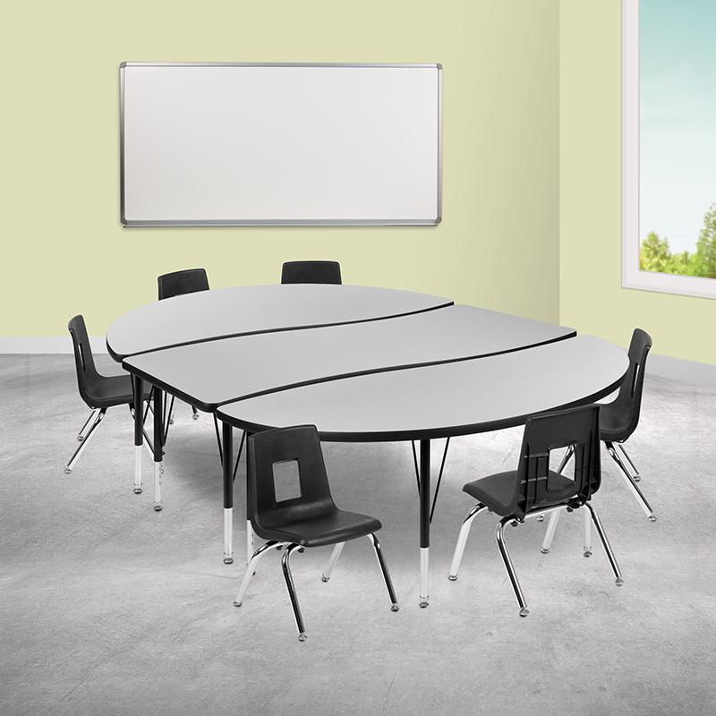 86" Oval Wave Activity Table Set with 12" Student Stack Chairs, Grey/Black. Picture 1