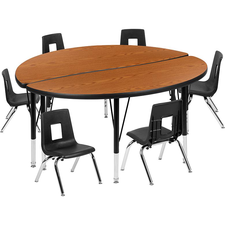47.5" Circle Wave Activity Table Set with 12" Student Stack Chairs, Oak/Black. Picture 2