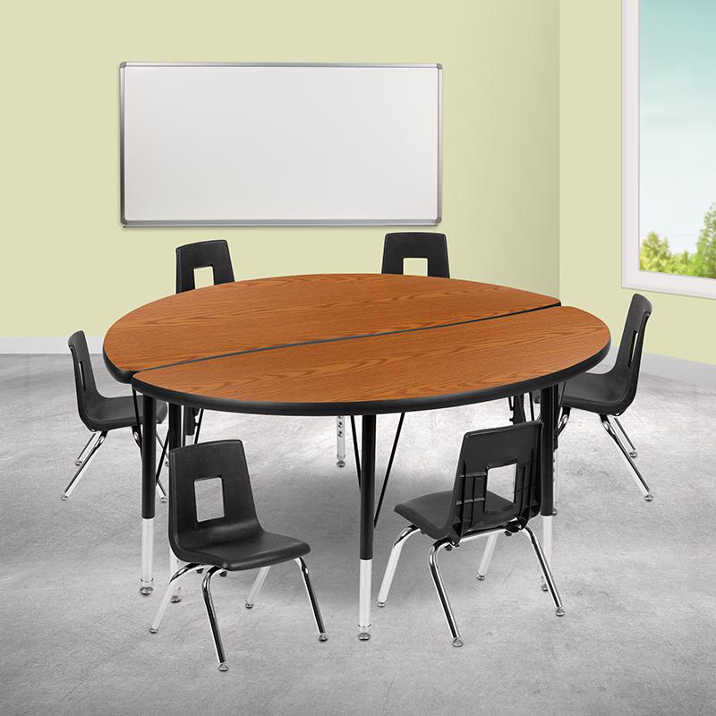 47.5" Circle Wave Activity Table Set with 12" Student Stack Chairs, Oak/Black. Picture 1