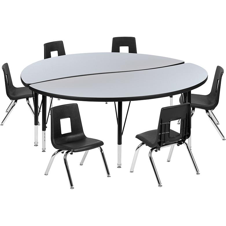 60" Circle Wave Activity Table Set with 12" Student Stack Chairs, Grey/Black. Picture 2
