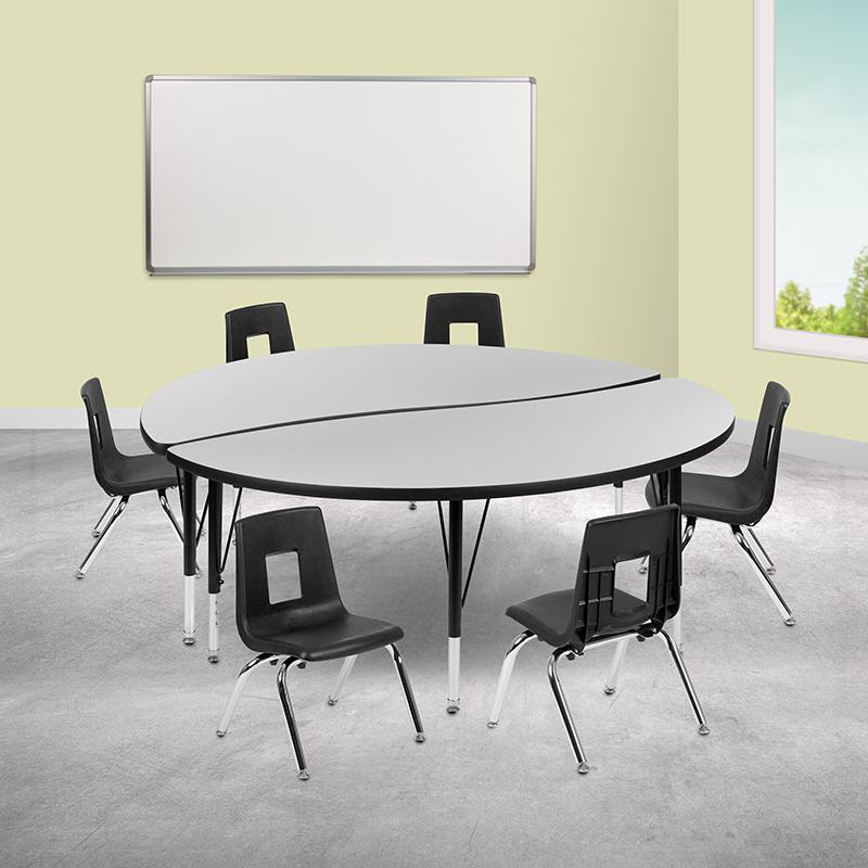 60" Circle Wave Activity Table Set with 12" Student Stack Chairs, Grey/Black. Picture 1