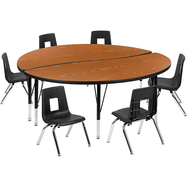 60" Circle Wave Activity Table Set with 12" Student Stack Chairs, Oak/Black. Picture 2
