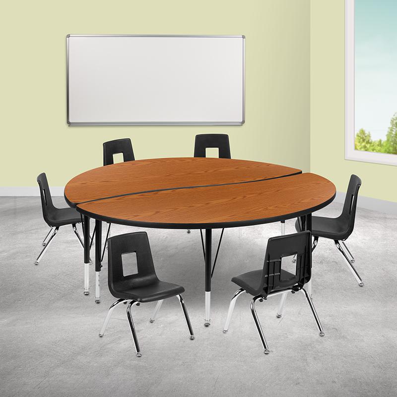 60" Circle Wave Activity Table Set with 12" Student Stack Chairs, Oak/Black. Picture 1
