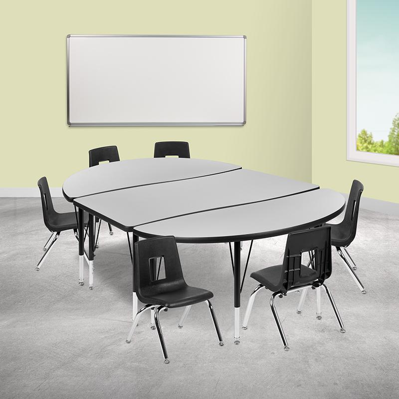 76" Oval Wave Activity Table Set with 14" Student Stack Chairs, Grey/Black. Picture 1