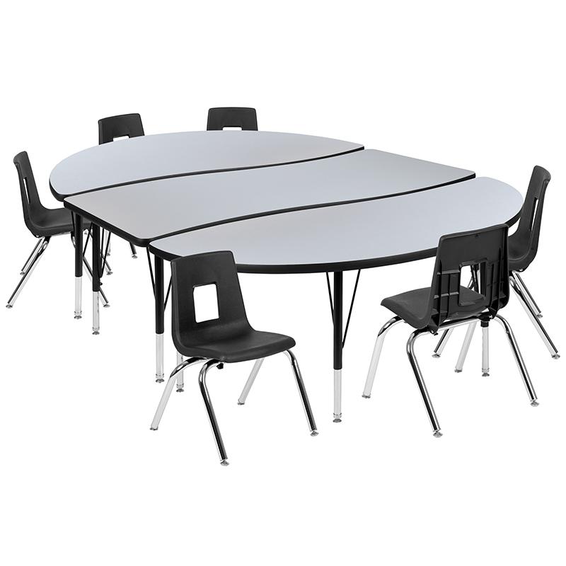 86" Oval Wave Activity Table Set with 14" Student Stack Chairs, Grey/Black. Picture 2